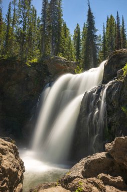 Moose Falls, bir yaz öğleden sonra hareket bulanıklığı ile çekilen, Yellowstone Ulusal Parkı 'nın güney girişinde yer almaktadır.. 