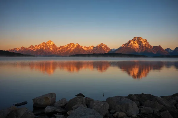 Mountain Range Grand Teton National Park Photographed Sunrise Peaks Reflections — Photo