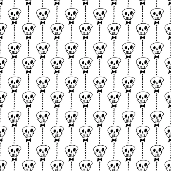 Skulls Bow Ties Seamless Vector Halloween Pattern Back White — Stock vektor