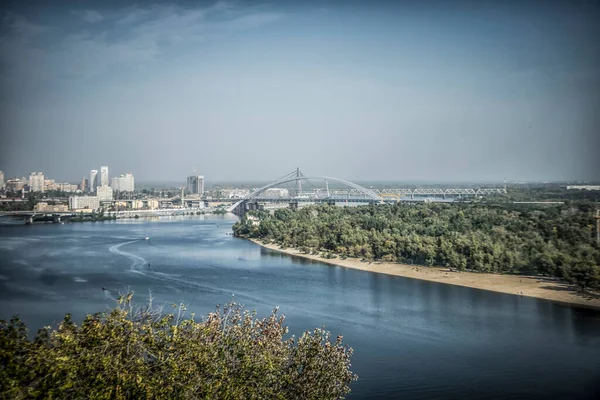 Vista Panorâmica Rio Dnieper Pontes Kiev Ucrânia — Fotografia de Stock