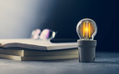 Parlak lamba ya da kitap ya da ders kitabıyla parlayan ampul. İş başarısı fikri ya da çözüm konsepti. İş adamının ya da profesyonelin gücünü düşünmek. Çalışmak, çalışmak ya da ilham almak