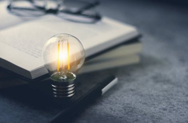 Parlak lamba ya da kitap ya da ders kitabıyla parlayan ampul. İş başarısı fikri ya da çözüm konsepti. İş adamının ya da profesyonelin gücünü düşünmek. Çalışmak, çalışmak ya da ilham almak