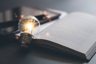 Parlak lamba ya da kitap ya da ders kitabıyla parlayan ampul. İş başarısı fikri ya da çözüm konsepti. İş adamının ya da profesyonelin gücünü düşünmek. Çalışmak, çalışmak ya da ilham almak