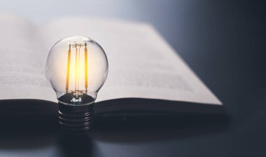 Parlak lamba ya da kitap ya da ders kitabıyla parlayan ampul. İş başarısı fikri ya da çözüm konsepti. İş adamının ya da profesyonelin gücünü düşünmek. Çalışmak, çalışmak ya da ilham almak