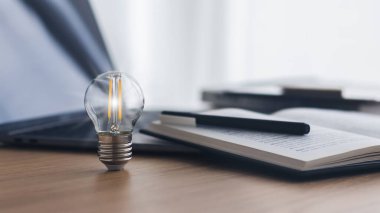 Parlak bir lamba ya da dizüstü bilgisayarlı parlak bir ampul. İş başarısı fikri ve eğitim veya çevrimiçi öğrenme kavramı. İşadamı başarısı ve ilham kaynağı.