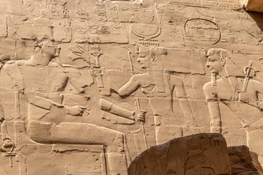 Mısır 'daki Karnak Tapınağı kompleksindeki rahatlama detayları ve Mısır hiyeroglifleri.