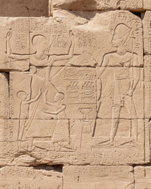 Luxor 'daki Karnak Tapınağı kompleksinde rahatlama detayları ve Mısır hiyeroglifleri