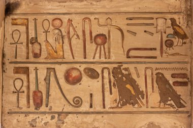 Mısır 'ın Luxor kentindeki Karnak Tapınağı kompleksindeki rahatlama detayları ve Mısır hiyeroglifleri