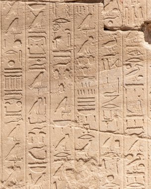 Eski Mısır hiyeroglifleri, Mısır 'ın Luxor kentindeki Karnak Tapınağı' nın taş duvarlarında.