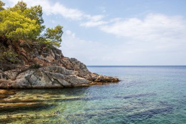 Sithonia 'daki Kalogria Sahili, Yunanistan' da yaz mevsiminde turkuaz renkli parlak denizli Halkidiki.