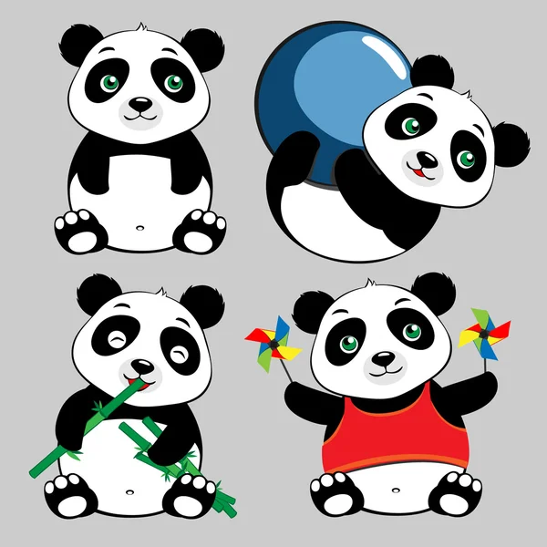 Panda sedersi mangiare giocare palla carino cartone animato set — Vettoriale Stock