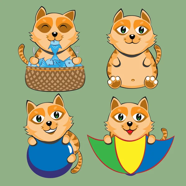 Gato sentarse comer jugar lindo dibujos animados conjunto — Vector de stock