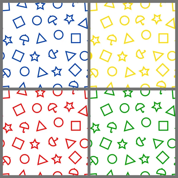 Beyaz zemin üzerinde daire, üçgen, yıldız, şemsiye ve kare şeklinde izole edilmiş vektörsüz desen. Renkli desenler dizisi. Kumaş, tekstil tasarımı, ambalaj kağıdı için yazdır.