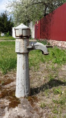 Çimen ağaçları ve kırmızı bir çitin arkasında eski su kolonu