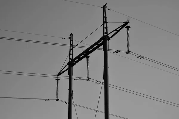 Black White Photo High Voltage Tower Electricity Transmission — Stockfoto