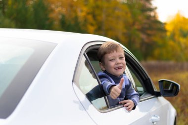 Yedi yaşında tatlı bir çocuk, güneşli bir sonbahar gününde beyaz bir arabanın camından sarkan sarı yapraklara yaslanıyor. Seçici odaklanma. Portre
