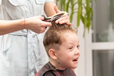 Tarağı ve makası olan bir annenin şefkatli kadın elleri ikinci tecrit sırasında oğlu için şık bir saç kesimi yapar. seçici odak