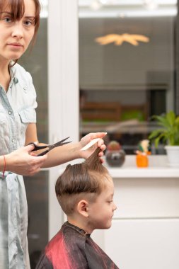 Açık mavi elbiseli, elinde tarak ve makasla güzel bir anne oğlunun saçını evde kesiyor. seçici odak