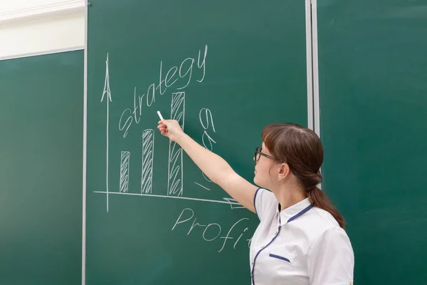 白いブラウスと眼鏡を着た若い女性のビジネスコーチが彼女の手でグラフの上にビジネスを構築する図を示しています 勤務先 — ストック写真