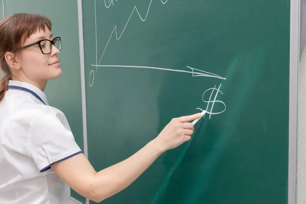 オフィスの黒板に白いブラウスと眼鏡を着た若い女性ビジネスコーチが利益グラフを描いています — ストック写真