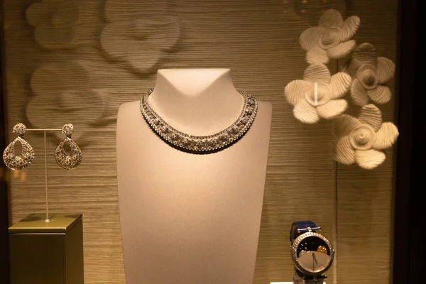 Eine Teure Schicke Halskette Mit Edelsteinen Ohrringen Und Einer Uhr — Stockfoto