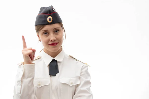 Beautiful Young Female Russian Police Officer Dress Uniform Shows Signs — Stock Photo, Image
