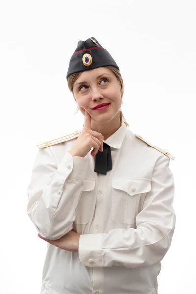 Beautiful Young Female Russian Police Officer Dress Uniform Cap White — Stock Photo, Image