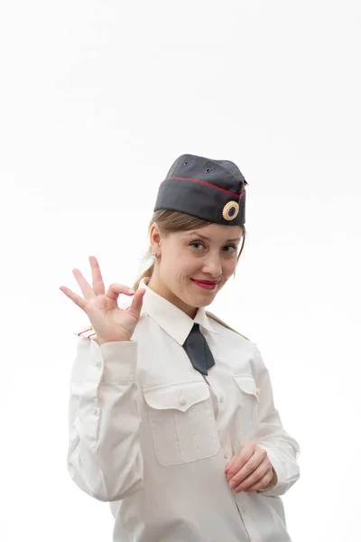 Beautiful Young Female Russian Police Officer Dress Uniform Shows Hand — Stock Photo, Image