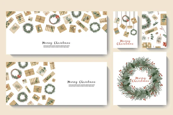 Weihnachtsgeschenke Kraftpapier Kränze Rustikales Handwerk Geschenk Box Öko Dekoration Eukalyptus — Stockvektor