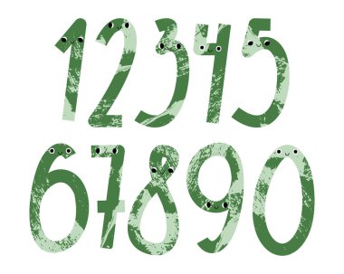 Şirin kawaii numara karakterleri: bir, iki, üç, dört, beş, altı, yedi, sekiz, dokuz, sıfır. Komik çocuklar matematiği. Gülen yüzlü matematik sembolü: 1, 2, 3, 4, 5, 6, 7, 8, 9, 0. Vektör düz çizgi film