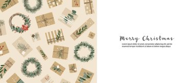 Kraft kağıdında Noel hediyeleri, çelenkler. Kırsal el sanatları hediye kutusu. Eko dekorasyon, okaliptüs, ladin. Xmas ve Yeni Yıl kutlamaları. Vektör düz çizgi film illüstrasyonu, kış afişi, kart, broşür