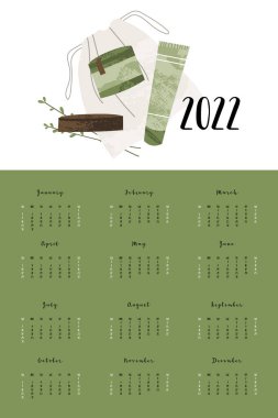 Takvim 2022, 12 ay. Pazar gününden itibaren hafta başı. Organizatör, organizatör, program sayfası tasarımı, haftalık zaman çizelgesi. Homeopati, ilaç. Eczacı şişesi, tüp. Vektör düz çizgi film illüstrasyonu