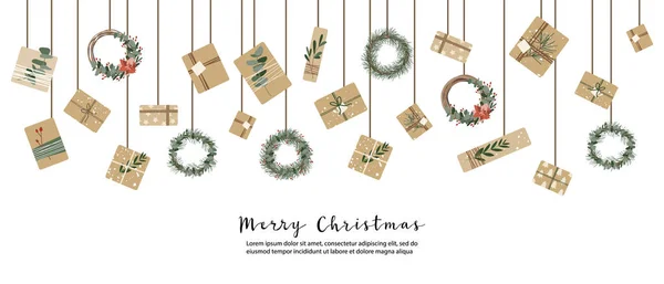 Hadiah Natal Dalam Kertas Kraft Karangan Bunga Kotak Hadiah Kerajinan Grafik Vektor