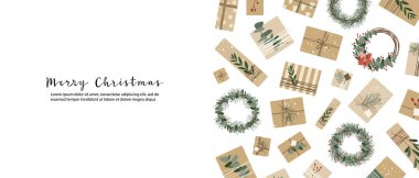Kraft kağıdında Noel hediyeleri, çelenkler. Kırsal el sanatları hediye kutusu. Eko dekorasyon, okaliptüs, ladin. Xmas ve Yeni Yıl kutlamaları. Vektör düz çizgi film illüstrasyonu, kış afişi, kart, broşür