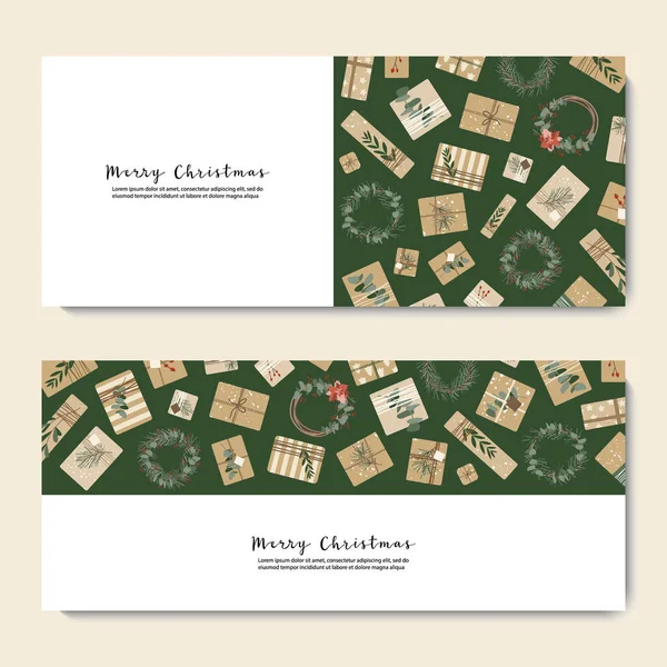 Weihnachtsgeschenke Kraftpapier Kränze Rustikales Handwerk Geschenk Box Öko Dekoration Eukalyptus — Stockvektor