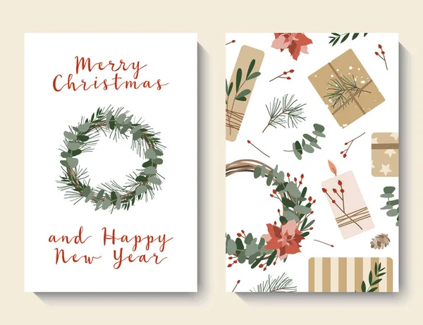 Weihnachtskarten Einladung Geschenke Kraftpapier Kränze Rustikale Geschenkbox Öko Dekoration Vorbereitung — Stockvektor