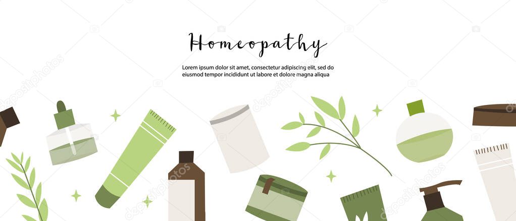 Homeopathy, naturopathy. Complementary, alternative, integrative, holistic medicine. Natural organic herb. Apothecary bottle. Vector flat cartoon illustration. Landing page, banner design, flyer