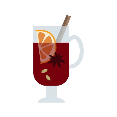 Noel aromalı kırmızı şarap, elma, tarçın, karanfil, kakule ve anason. Sangria. Sıcak kış içeceği. Geleneksel Xmas içeceği. Vektör düz çizgi film illüstrasyonu