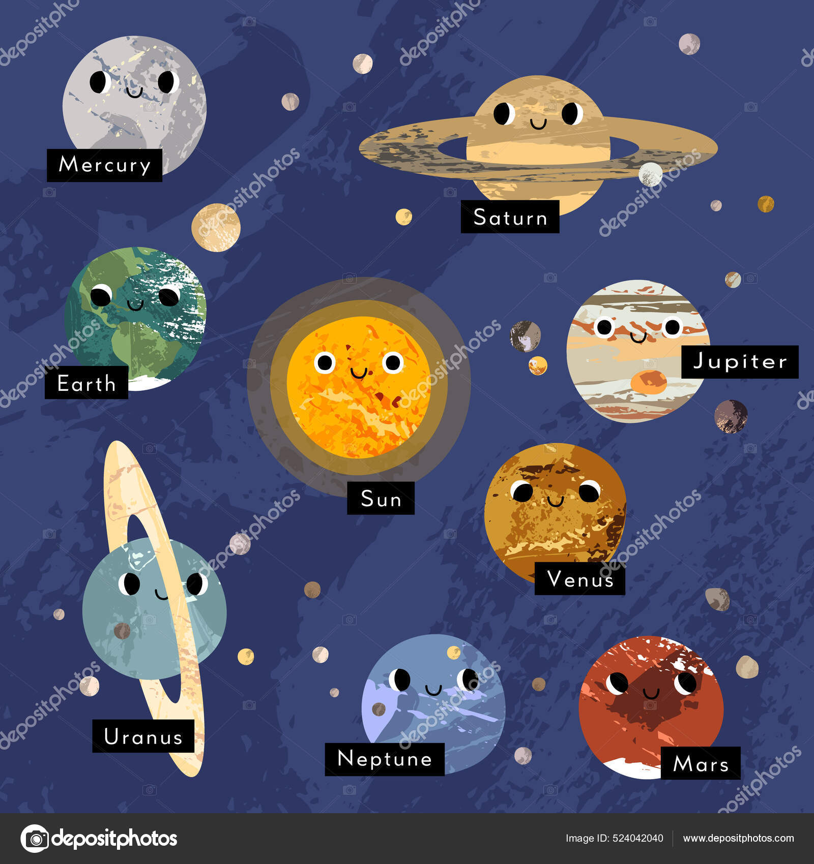 Cute Kawaii Planet Character Smiling Face Funny Celestial Body Solar Stock  Vector by ©JuliaSuena 524042040, image size:1600x1700