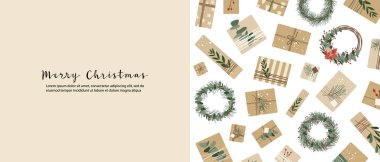 Kraft kağıdında Noel hediyeleri, çelenkler. Kırsal el sanatları hediye kutusu. Eko dekorasyon, okaliptüs, ladin. Xmas ve Yeni Yıl kutlamaları. Vektör düz çizgi film illüstrasyonu, kış afişi, kart, broşür