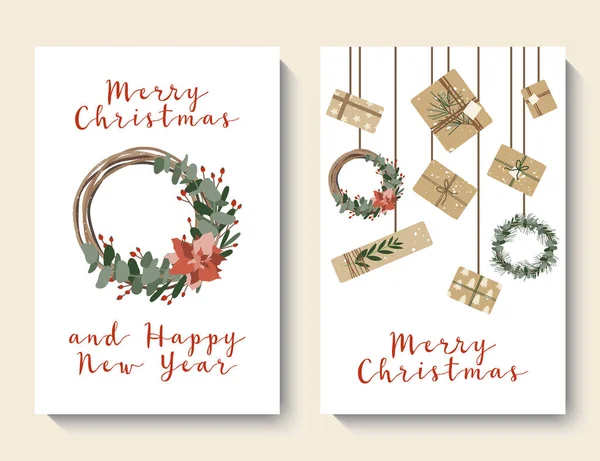 Cartões Natal Convite Presentes Papel Kraft Grinaldas Caixa Presente Rústica — Vetor de Stock