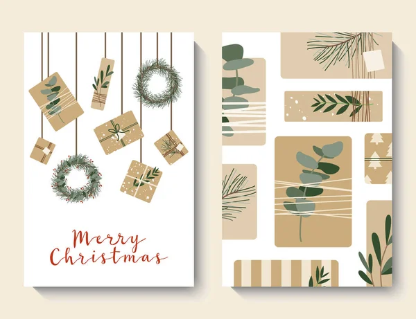 Weihnachtskarten Einladung Geschenke Kraftpapier Kränze Rustikale Geschenkbox Öko Dekoration Vorbereitung — Stockvektor