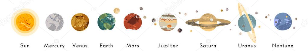 Solar system poster. Sun, Mercury, Venus, Earth, Moon, Mars, Jupiter, Saturn, Uranus, Neptune. Planet, satellite, asteroid belt, comet. Astronomy, astrophysics. Vector flat cartoon cosmic illustration