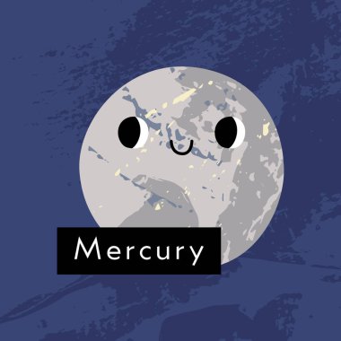 Cıva. Gülümseyen yüzlü sevimli kawaii gezegen karakteri. Tuhaf gök cisimleri. Güneş sistemi. Çocuklar için astronomi. Vektör düz çizgi film illüstrasyonu