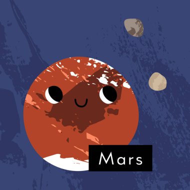 Mars. Gülümseyen yüzlü sevimli kawaii gezegen karakteri. Tuhaf gök cisimleri. Güneş sistemi. Çocuklar için astronomi. Vektör düz çizgi film illüstrasyonu