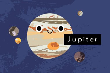Jüpiter. Galile ayları: Io, Europa, Ganymede, Callisto. Gülümseyen yüzlü sevimli kawaii gezegen karakteri. Tuhaf gök cisimleri. Güneş sistemi. Çocuklar için astronomi. Vektör düz çizgi film illüstrasyonu