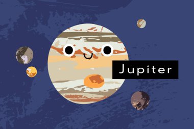 Jupiter. Galilean moons: Io, Europa, Ganymede, Callisto. Cute kawaii planet character with smiling face. Funny celestial body. Solar system. Astronomy for kids. Vector flat cartoon illustration clipart