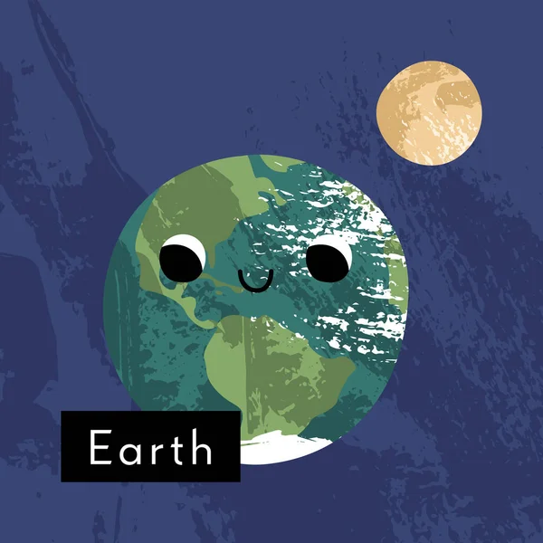 Bumi Dengan Bulan Karakter Planet Kawaii Imut Dengan Wajah Tersenyum - Stok Vektor