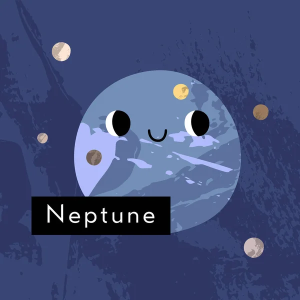 Neptunus Karakter Planet Kawaii Imut Dengan Wajah Tersenyum Tubuh Angkasa - Stok Vektor