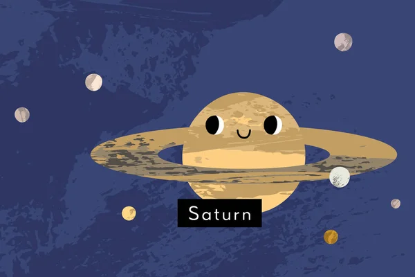 Saturnus Karakter Planet Kawaii Imut Dengan Wajah Tersenyum Tubuh Angkasa - Stok Vektor